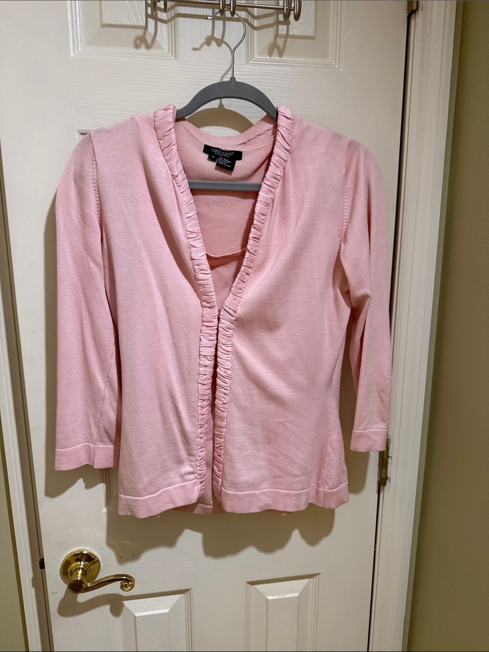 Talbots Light Pink Ruffle Trim Open Cardigan Sweater Set